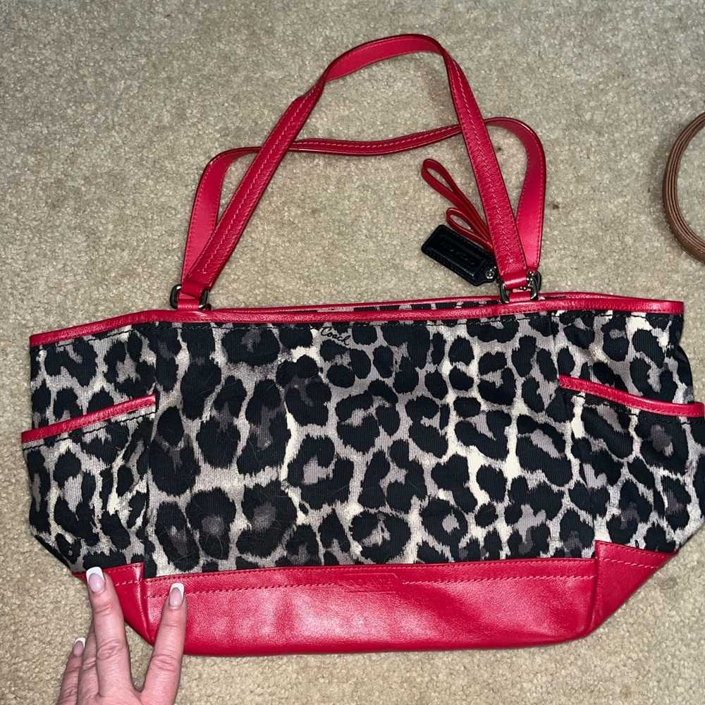 Coach tote, red black gray animal print